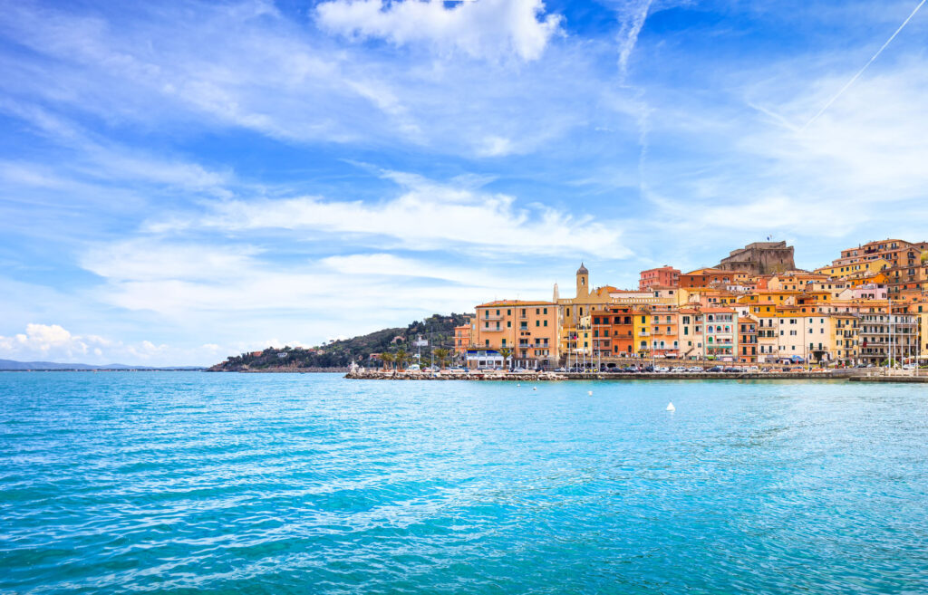 Porto Santo Stefano seafront and village skyline